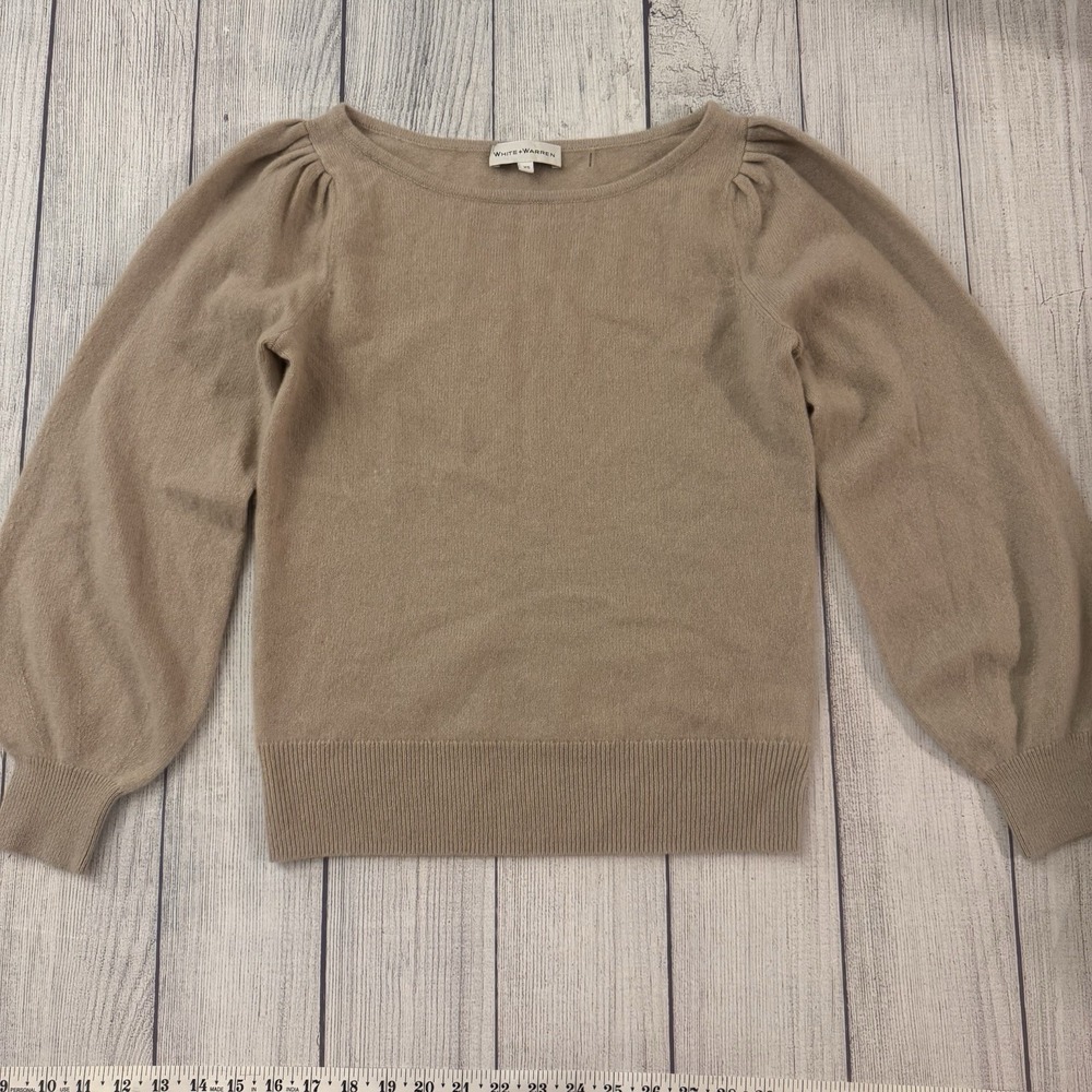 White + Warren 100% Cashmere Puff Sleeve Sweater Camel Tan XS Crewneck Soft